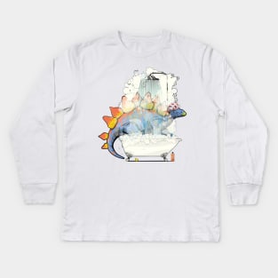 Dinosaur Stegosaurus in the Shower Kids Long Sleeve T-Shirt